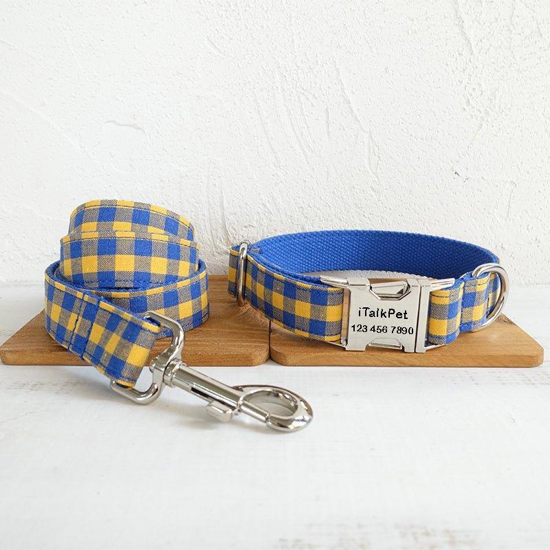 Yellow Plaid Blue Personalized Dog Collar Set - iTalkPet