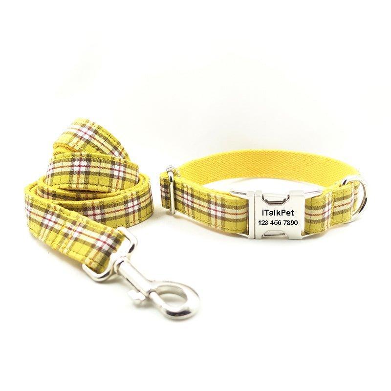 Yellow Plaid Personalized Dog Collar Set - iTalkPet